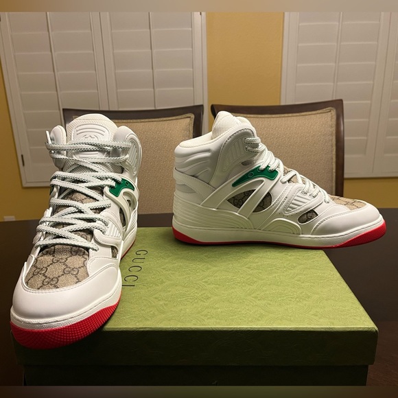 New Gucci High Top GG Supreme Logo White Tan Sneaker Shoes Size UK 10 / US 10.5 - Picture 8 of 15
